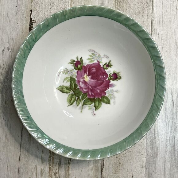 VTG Floral Green Lusterware Scalloped Rim Round Serving Dish 7" Diameter Rose - Picture 1 of 6